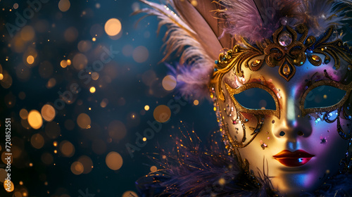 theatrical flyer or banner for the Venice carnival, mask on a dark background with space for text with bokeh © katerinka
