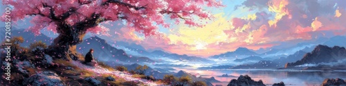 Panoramic View of a Blooming Cherry Tree Overlooking a Serene Lake