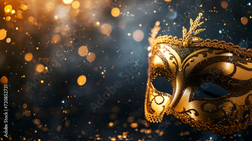 Venetian carnival theater flyer or banner, golden mask on dark background and bokeh with space for text © katerinka