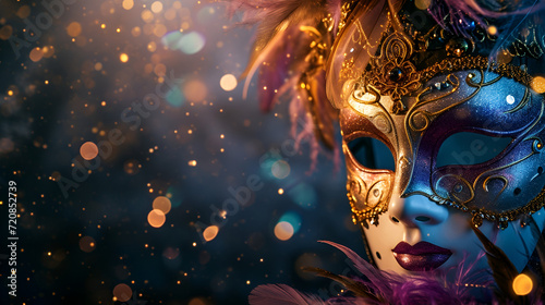 theatrical flyer or banner for the Venice carnival, mask on a dark background with space for text with bokeh photo