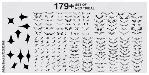 Vector set Neo tribal shape. Gothic Y2K sharp elements, abstract symmetrical design, various decorative elements. Acid Neo-tribal shapes. Tattoo. Neo Gothic. Organic fluid shapes. Brutality futuristic