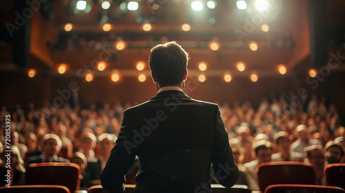 A sharply dressed man commands the attention of a captivated audience at an indoor convention, confidently standing before a sea of chairs in a sleek suit photo