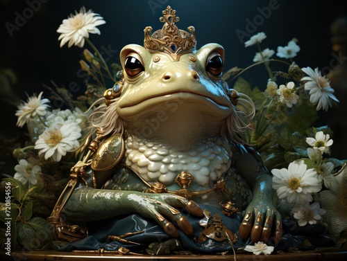 Serene Pond  Frog Wearing Crown on Lily Pad AI Generated
