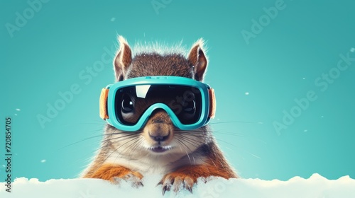 Funny Squirrel Wearing Snowboard Goggles Ready for Holiday Travel AI Generated © Alex