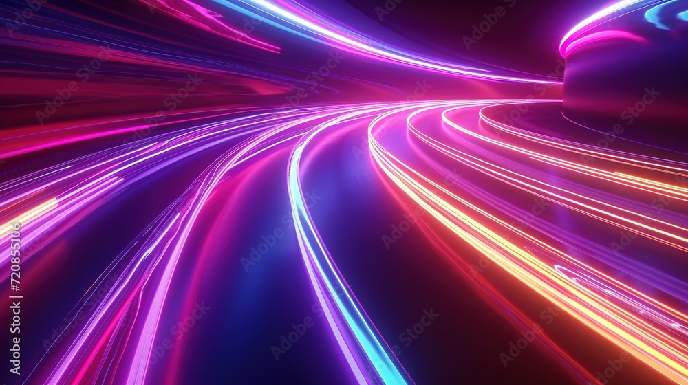 3d render. Abstract fantastic neon background. Colorful speedway lines. Glowing energy stream, power jet, curvy ribbon