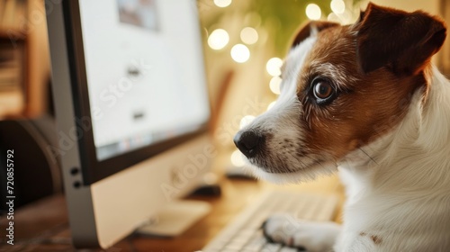 A curious white and brown puppy of a specific dog breed sits inside, fixated on the computer screen and its colorful keyboard