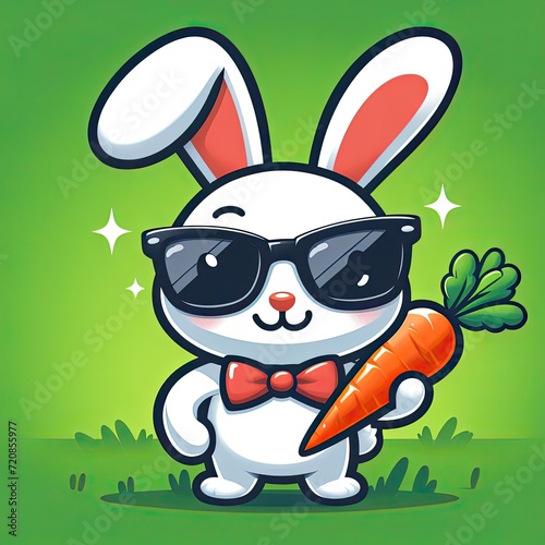 Winking easter bunny wear sunglasses and bow tie and hold a carrot illustration
