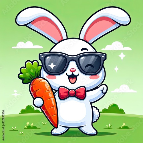 Winking easter bunny wear sunglasses and bow tie and hold a carrot illustration