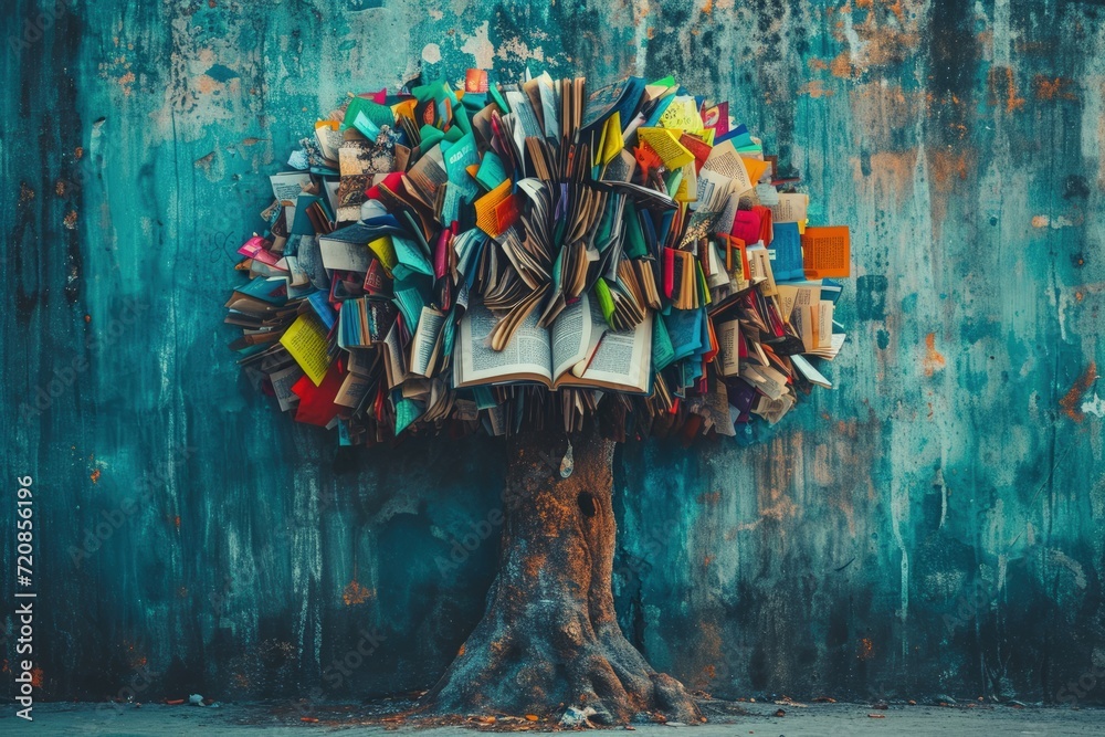 Book Tree in Front of Blue Wall