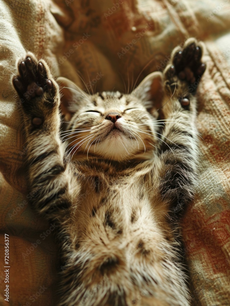 A playful tabby cat lies on its back with its paws up, exuding feline charm. Generative AI. A playful tabby cat lies on its back with its paws up, exuding feline charm. Generative AI.