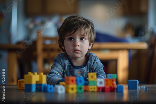 Young Boy Playing With Blocks at Table