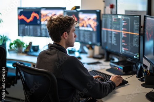 Man Sitting at Desk With Three Computer Monitors