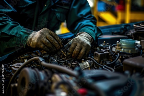 Man Working on Car Engine in Garage