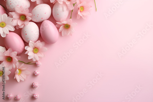 Pink and white decorated eggs with spring flowers on pastel background, Easter, holiday, with copy space