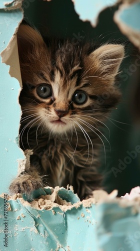 A curious kitten peeks through a hole in a wall. Generative AI.