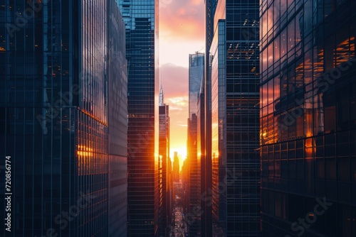 Sun Setting Behind Tall Buildings in Cityscape