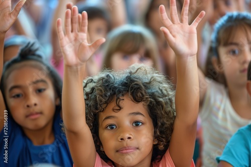 Group of Excited Children With Hands in the Air photo