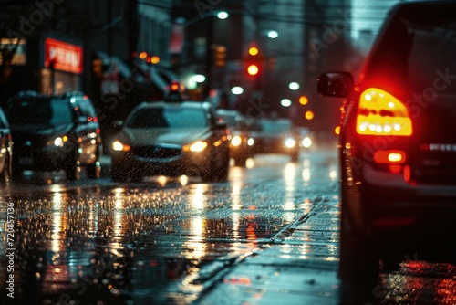 Bustling Night Traffic on Lit City Street © Ilugram