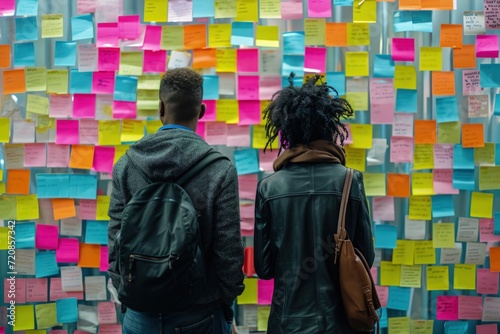 Two People Standing in Front of a Wall Covered in Sticky Notes