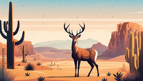 Abstract background of deer with desert background. Fantasy landscape graphic illustration. Template for your design works ready to use.