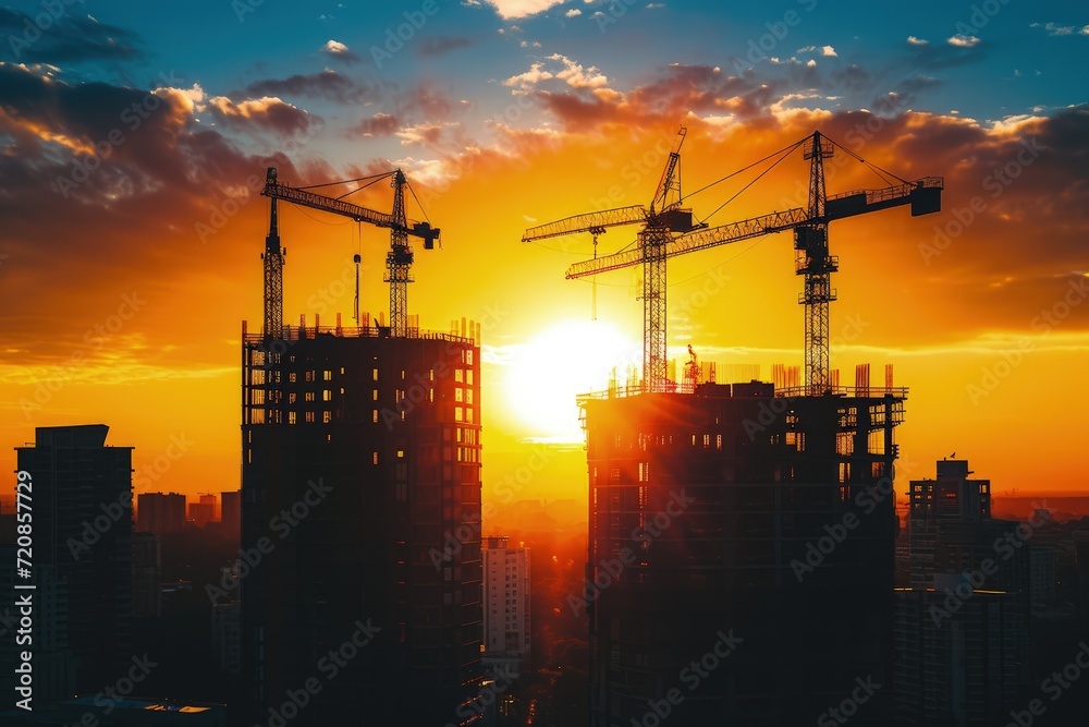 Sun Setting Behind Construction Cranes