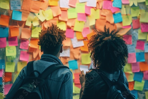 Two People Standing in Front of Sticky Note-Covered Wall