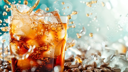 Indulge in a refreshing blend of flavors with a tantalizing glass of iced tea, adorned with glistening ice cubes and fragrant coffee beans