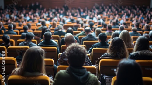 A diverse audience gathers in a crowded convention center, dressed in their finest attire, to listen attentively to a person speaking on stage in the grand auditorium of the impressive building