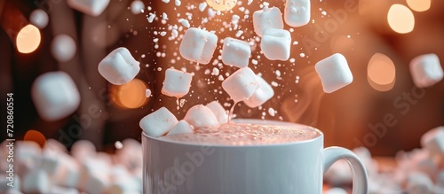 Marshmallows dropping into hot drink.