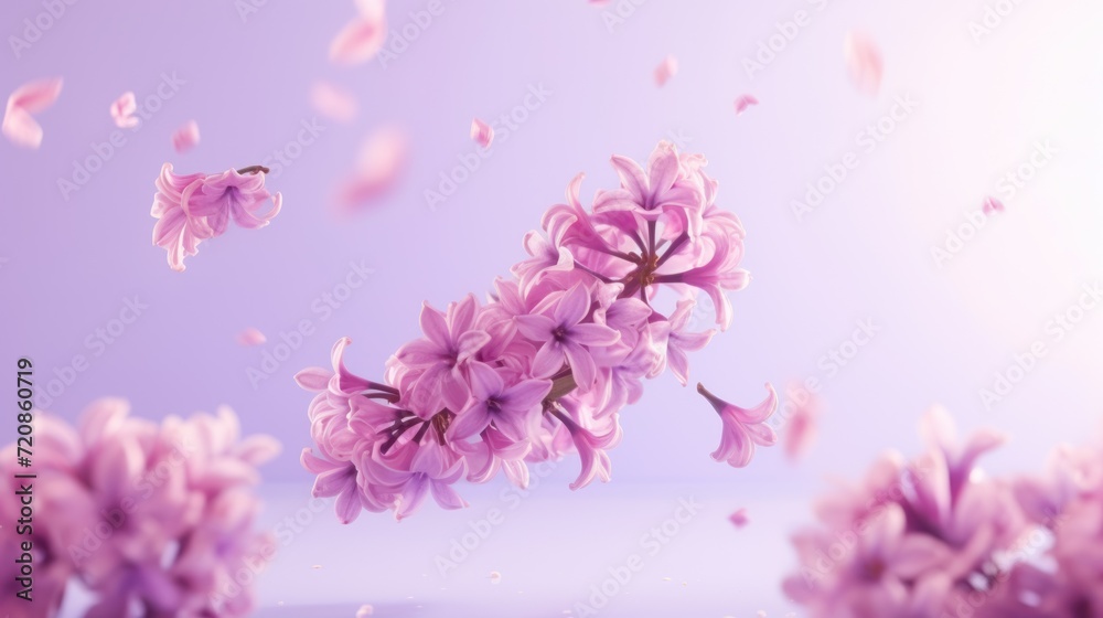Beautiful pink hyacinth flowers flying in the air. 3D rendering Generative AI