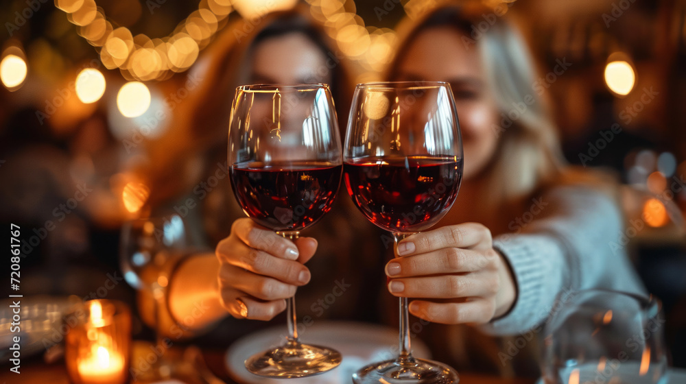 Close-up of two women toasting with glasses of red wine at the restaurant 