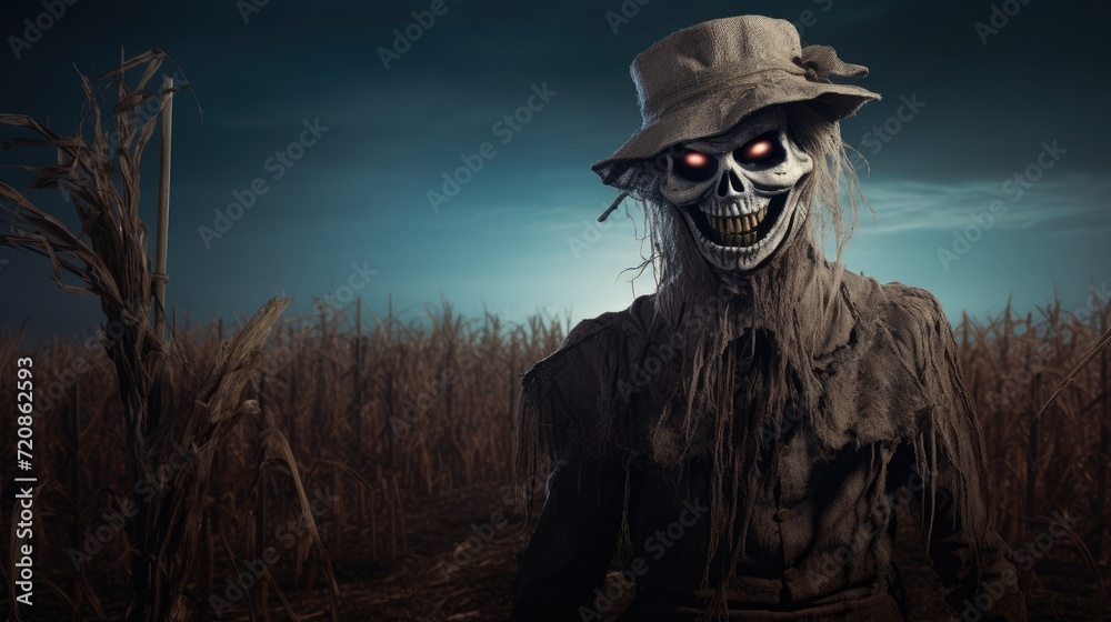 Sinister Smiling Scarecrow in Moonlit Field - Dark Cinematic Halloween Background AI Generated
