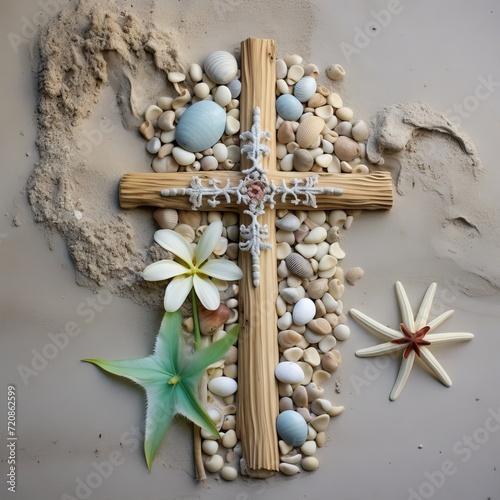 Rustic Handmade Cross Decorated with Seashells and Driftwood on a Remote Tropical Beach AI Generated