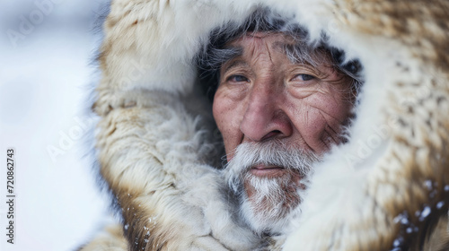 Close-up portrait of weathered Inuit elder with intense gaze, nestled in thick fur clothing against harsh cold environment.