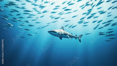 Shark swimming in a deep blue ocean. 3D Rendering Generative AI © Alex