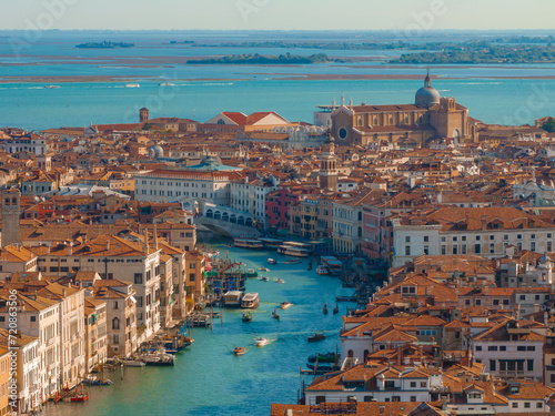 Aerial View of Venice near Saint Mark's Square, Rialto bridge and narrow canals. Beautiful Venice from above.