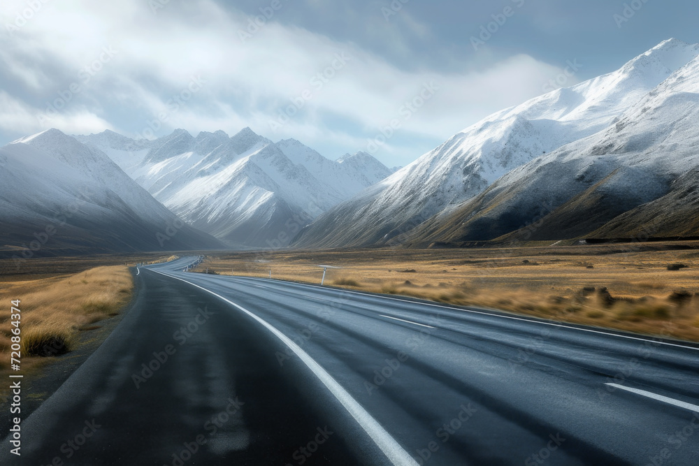 A dynamically blurred road with a sense of speed in the mountains with snow capped mountains.