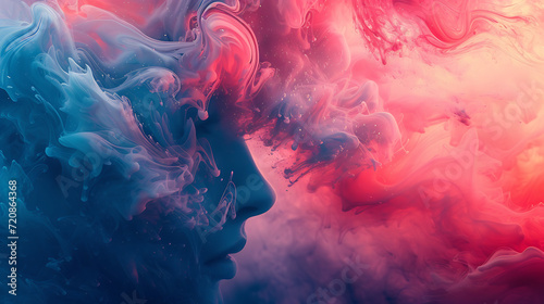 Creative Graphic Design Abstract Background - face merged into liquid clouds, pink and blue 