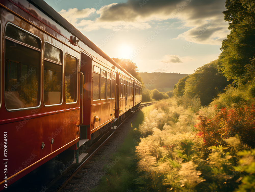 Naklejka premium Scenic Railway Adventures: Vintage Train Journey through Countryside | Generative AI