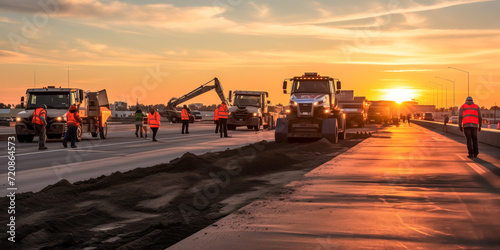 Road construction crew at work during golden hour sunset © thodonal