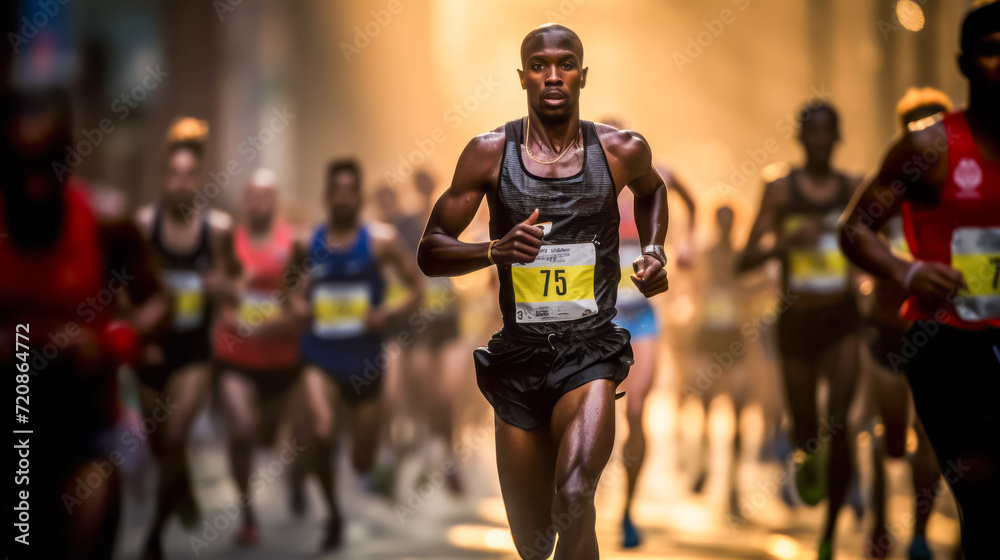 Determined athlete leading the marathon race through city streets