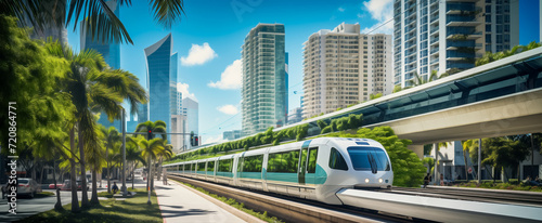 Modern urban transit system with monorail in a green cityscape photo