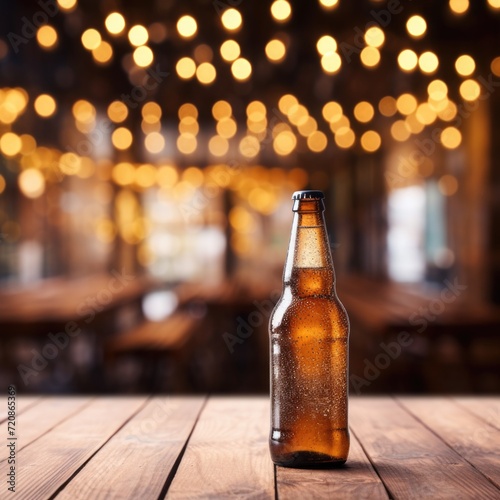 Beer bottle on a classic wooden table, moc up style , vintage bokeh bar background.