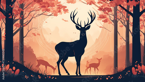 Deer in the jungle illustration. Graphic resource for web design  poster  wall decoration. Ready to use and print