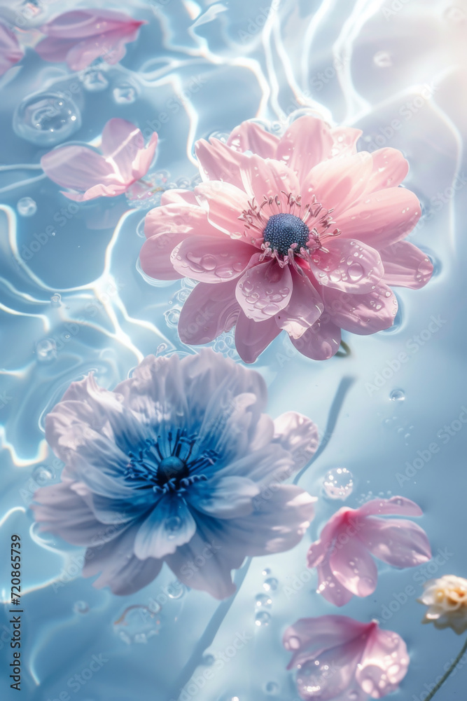 Pink and blue flowers in the water