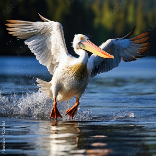 Bird landing to the blue lake water. Bird fly. Dalmatian pelican, Pelecanus crispus photo