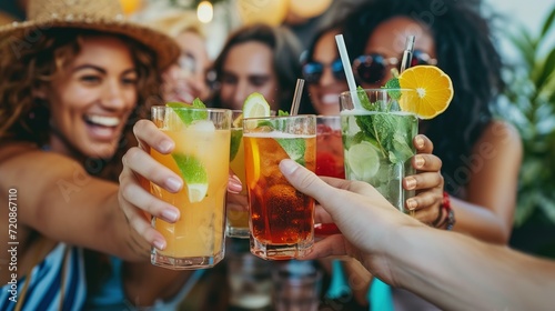 Multiracial friends enjoying happy hour toasting fresh mojito cocktails at open bar - Happy group of young people celebrating summer party together - Life style food and beverage concept photo