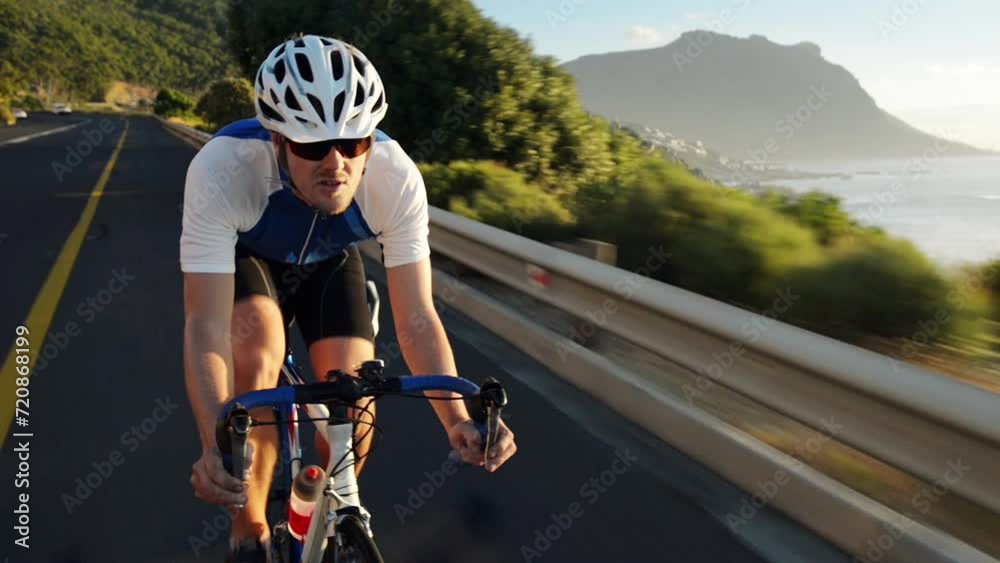 Man, bicycle and cycling on mountain road in sunset for exercise, workout or outdoor training on street. Active male person or cyclist riding bike in fitness, adrenaline or extreme sports in sunshine Man, bicycle and cycling on mountain road in sunset for exercise, workout or outdoor training on street. Active male person or cyclist riding bike in fitness, adrenaline or extreme sports in sunshine