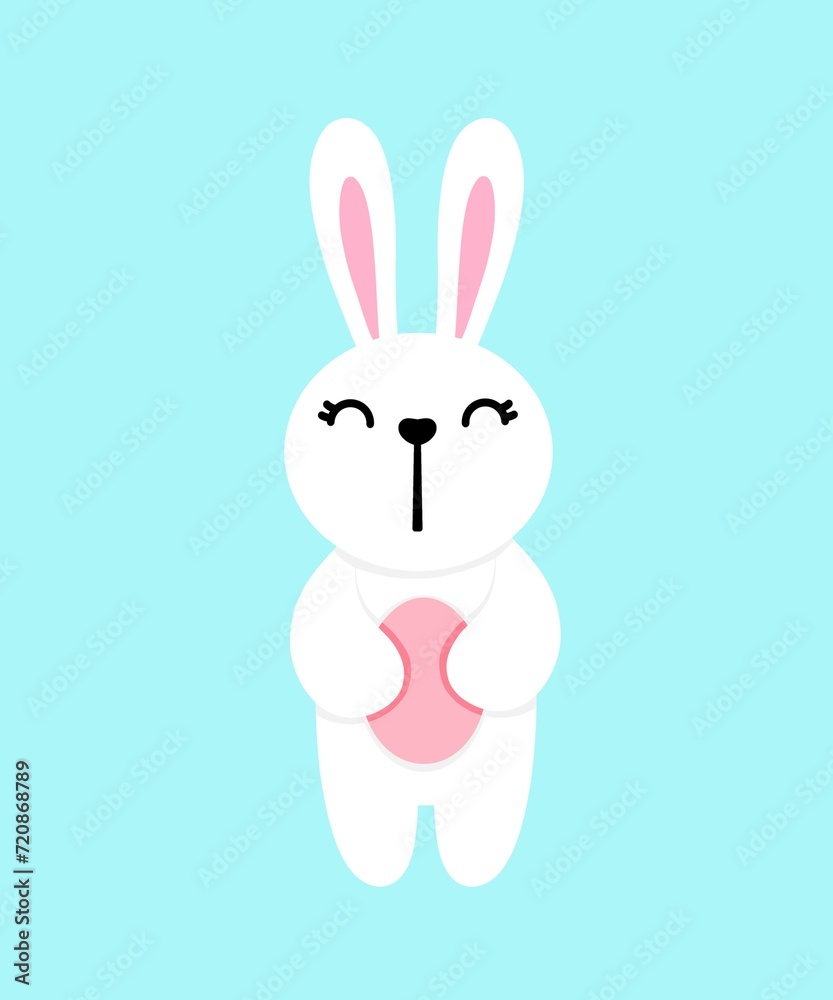 White rabbit with an egg in his hands on a blue background