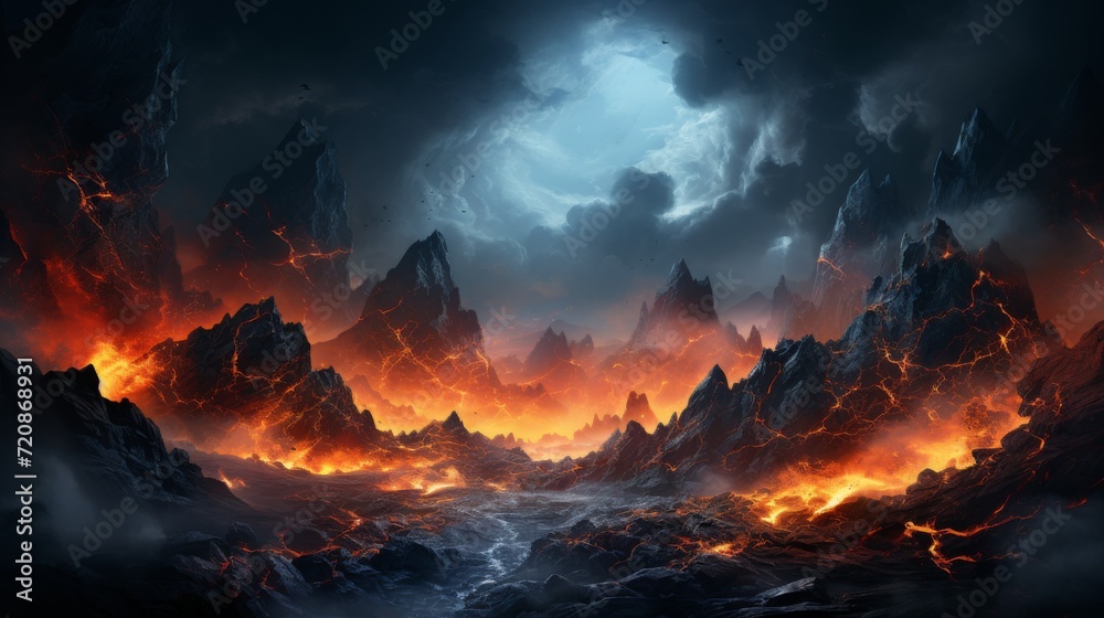 Apocalyptic Volcanic Mountains with Fiery Sky | Epic Landscape Art